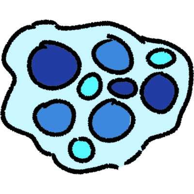 a cluster of dark blue, sky blue, and blue rounded things inside a light blue wavy round shape.